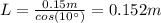 L=\frac{0.15m}{cos(10\°)}=0.152m