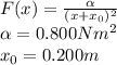F(x)=\frac{\alpha}{(x+x_0)^2}\\\alpha=0.800Nm^2\\x_0=0.200m