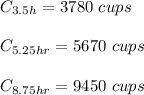 C_{3.5h}=3780 \ cups\\\\C_{5.25hr}=5670\ cups\\\\C_{8.75hr}=9450\ cups