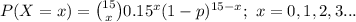 P(X=x)={15\choose x}0.15^{x}(1-p)^{15-x};\ x=0,1,2,3...
