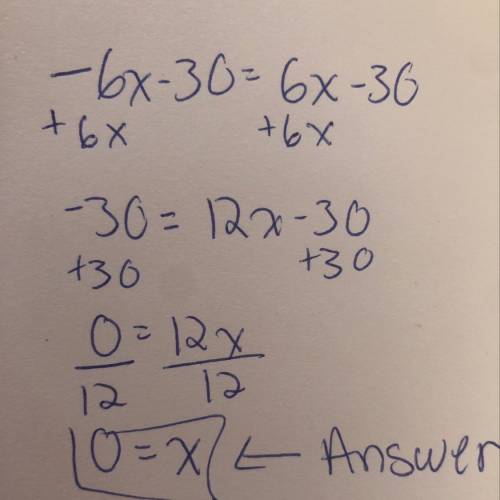 What is the answer to -6x - 30 = 6x - 30