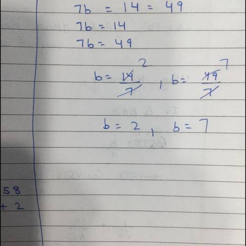 Please solve 7(b=2) = 49