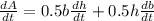 \displatstyle{\frac{dA}{dt} = 0.5 b \frac{dh}{dt} + 0.5 h \frac{db}{dt}}