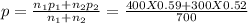 p = \frac{n_{1}p_{1} +n_{2}p_{2} }{n_{1}+n_{2}}= \frac{400X0.59+300X0.52}{700}