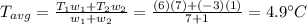T_{avg}=\frac{T_1 w_1 + T_2 w_2}{w_1+w_2}=\frac{(6)(7)+(-3)(1)}{7+1}=4.9^{\circ}C