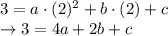 3=a\cdot (2)^2 + b\cdot (2)+c\\\rightarrow 3=4a+2b+c