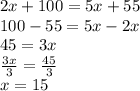 2x + 100 = 5x + 55 \\ 100 - 55 = 5x - 2x \\ 45 = 3x \\  \frac{3x}{3}  =  \frac{45}{3}  \\ x = 15