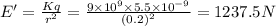 E'=\frac{Kq}{r^2}=\frac{9\times 10^9\times 5.5\times 10^{-9}}{(0.2)^2}=1237.5 N