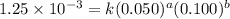 1.25\times 10^{-3}=k(0.050)^a(0.100)^b