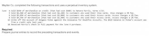 Mayfair Co. completed the following transactions and uses a perpetual inventory system in June. 4 So