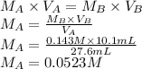 M_{A} \times V_{A} = M_{B} \times V_{B}\\M_{A} = \frac{M_{B} \times V_{B}}{V_{A}} \\M_{A} = \frac{0.143 M \times 10.1mL}{27.6mL}\\M_{A} =0.0523 M