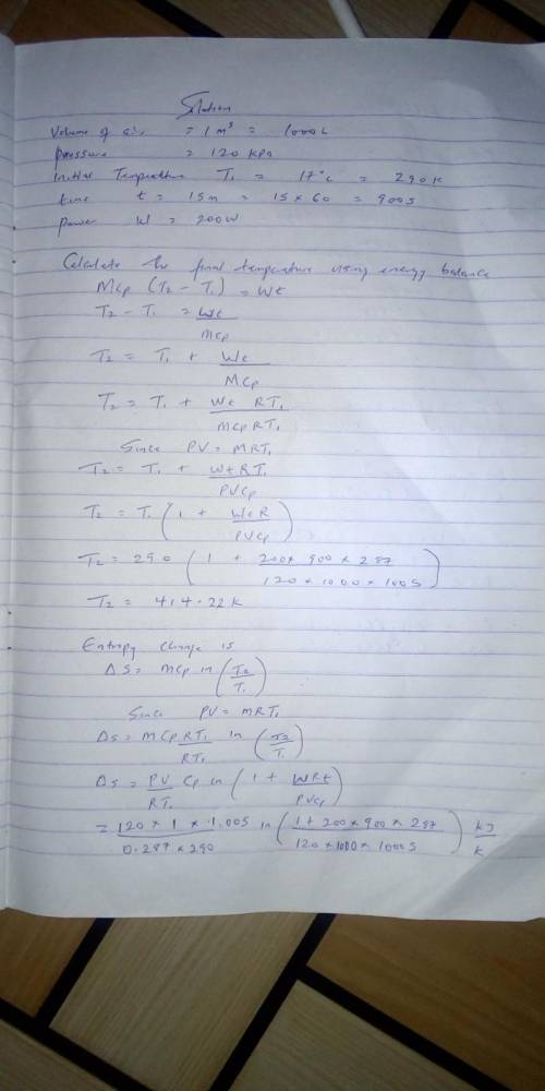 An insulated piston–cylinder device initially contains 1 m3 of air at 120 kPa and 17°C. Air is now h