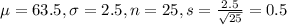\mu = 63.5, \sigma = 2.5, n = 25, s = \frac{2.5}{\sqrt{25}} = 0.5