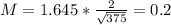 M = 1.645*\frac{2}{\sqrt{375}} = 0.2