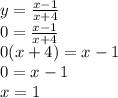 y=\frac{x-1}{x+4}\\0=\frac{x-1}{x+4}\\0(x+4)=x-1\\0=x-1\\x=1