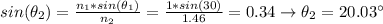 sin(\theta_{2}) = \frac{n_{1}*sin(\theta_{1})}{n_{2}} = \frac{1*sin(30)}{1.46} = 0.34 \rightarrow \theta_{2} = 20.03 ^{\circ}