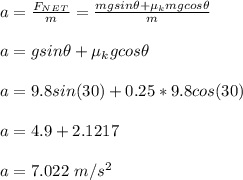 a = \frac{F_{NET}}{m} = \frac{mgsin \theta + \mu_kmgcos \theta}{m} \\\\a = gsin \theta + \mu_kgcos \theta\\\\a = 9.8sin (30) + 0.25*9.8cos(30)\\\\a = 4.9 + 2.1217\\\\a = 7.022 \ m/s^2