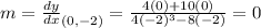 m=\frac{dy}{dx}_{(0,-2)}=\frac{4(0)+10(0)}{4(-2)^3-8(-2)}=0
