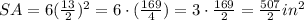 SA=6(\frac{13}{2})^2=6\cdot (\frac{169}{4})=3\cdot \frac{169}{2}=\frac{507}{2} in^2