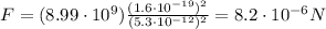 F=(8.99\cdot 10^9)\frac{(1.6\cdot 10^{-19})^2}{(5.3\cdot 10^{-12})^2}=8.2\cdot 10^{-6} N