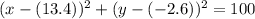 (x -(13.4))^2 + (y - (-2.6))^2 = 100