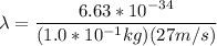 \lambda = \dfrac{6.63*10^{-34}}{(1.0*10^{-1}kg)(27m/s)}