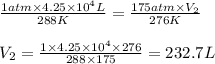 \frac{1atm\times 4.25\times 10^4L}{288K}=\frac{175atm\times V_2}{276K}\\\\V_2=\frac{1\times 4.25\times 10^4\times 276}{288\times 175}=232.7L