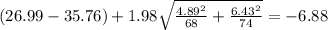 (26.99-35.76) +1.98 \sqrt{\frac{4.89^2}{68} +\frac{6.43^2}{74}} =-6.88