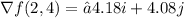 \nabla f(2,4)=−4.18 i+4.08 j