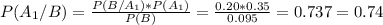 P(A_1/B)= \frac{P(B/A_1)*P(A_1)}{P(B)}= \frac{0.20*0.35}{0.095}= 0.737 = 0.74