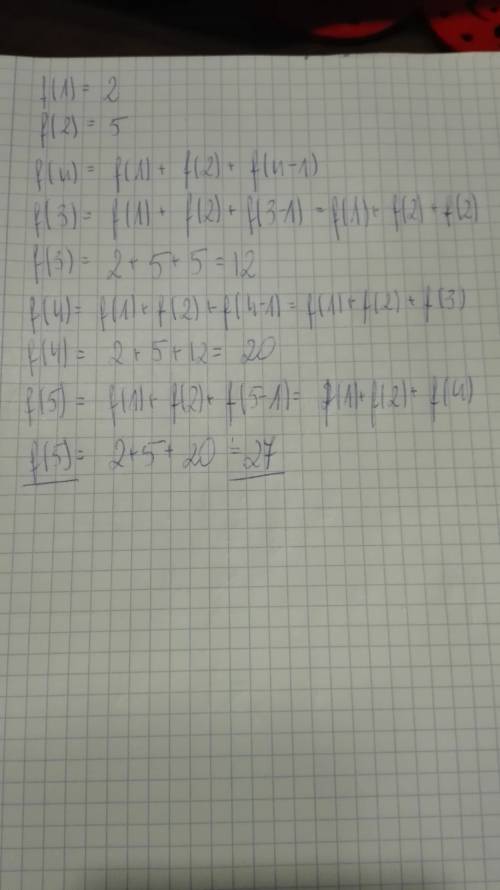 Find f(5) for this sequence:  f(1) = 2 and f(2) = 5, f(n) = f(1) + f(2) + f(n - 1), for n >  2. f