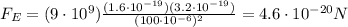F_E=(9\cdot 10^9) \frac{(1.6\cdot 10^{-19})(3.2\cdot 10^{-19})}{(100\cdot 10^{-6})^2}=4.6\cdot 10^{-20}N