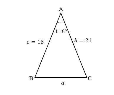 A triangle has two sides measuring 16 and 21. The included angle is 116°. What is the length of the