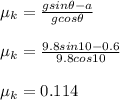 \mu _k = \frac{gsin \theta -a}{gcos \theta} \\\\\mu _k = \frac{9.8sin 10 -0.6}{9.8cos 10}\\\\\mu _k = 0.114