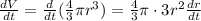 \frac{dV}{dt} = \frac{d}{dt}(\frac{4}{3}\pi r^3)  = \frac{4}{3}\pi\cdot3r^2 \frac{dr}{dt}