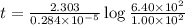 t=\frac{2.303}{0.284\times 10^{-5}}\log\frac{6.40\times 10^2}{1.00\times 10^2}