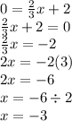 0 =  \frac{2}{3} x + 2 \\ \frac{2}{3}x + 2 = 0  \\   \frac{2}{3} x =  - 2 \\ 2x =  - 2(3) \\ 2x =  - 6 \\ x =  - 6 \div 2 \\ x =  - 3