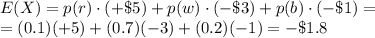 E(X)=p(r) \cdot (+\$5)+p(w) \cdot (-\$3) +p(b)\cdot (-\$1)=\\=(0.1)(+5)+(0.7)(-3)+(0.2)(-1)=-\$1.8