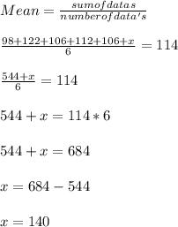 Mean=\frac{sum of datas}{number of data's}\\\\\frac{98+122+106+112+106+x}{6}=114\\\\\frac{544+x}{6}=114\\\\544+x=114*6\\\\544+x=684\\\\x=684-544\\\\x=140\\