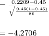 =\frac{0.2209-0.45}{\sqrt{\frac{0.45(1-0.45)}{86}}}\\\\\\=-4.2706
