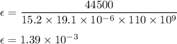 \epsilon=\dfrac{44500}{15.2\times 19.1\times 10^{-6}\times 110\times 10^9}\\\\\epsilon=1.39\times 10^{-3}