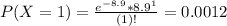 P(X = 1) = \frac{e^{-8.9}*8.9^{1}}{(1)!} = 0.0012
