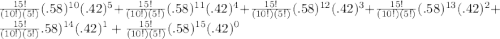 \frac{15!}{(10!)(5!)}(.58)^{10}(.42)^{5}  + \frac{15!}{(10!)(5!)}(.58)^{11}(.42)^{4} + \frac{15!}{(10!)(5!)}(.58)^{12}(.42)^{3} + \frac{15!}{(10!)(5!)}(.58)^{13}(.42)^{2} + \frac{15!}{(10!)(5!)}.58)^{14}(.42)^{1} + \frac{15!}{(10!)(5!)}(.58)^{15}(.42)^{0}
