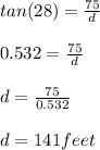tan(28) = \frac{75}{d}\\\\0.532 = \frac{75}{d} \\\\d = \frac{75}{0.532}\\ \\d = 141 feet