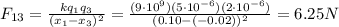 F_{13}=\frac{kq_1 q_3}{(x_1-x_3)^2}=\frac{(9\cdot 10^9)(5\cdot 10^{-6})(2\cdot 10^{-6})}{(0.10-(-0.02))^2}=6.25 N