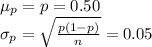 \mu_{p}=p=0.50\\\sigma_{p}=\sqrt{\frac{p(1-p)}{n}}=0.05