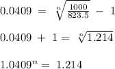 0.0409\;=\;\sqrt[n]{\frac{1000}{823.5}}\;-\;1\\\\0.0409\;+\;1=\;\sqrt[n]{{1.214}}\\\\1.0409^{n} =\;1.214\\\\