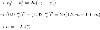 \to V^2_{2}-v^2_{1}= 2a(x_2-x_1) \\\\\to (0.9 \ \frac{m}{s})^2 - (1.92\ \frac{m}{s})^2 = 2 a(1.2\ m - 0.6\ m) \\\\\to a= -2.4 \frac{m}{s^2}\\\\
