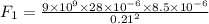 F_{1} = \frac{9\times 10^{9}\times 28\times 10^{-6}\times 8.5\times 10^{-6}}{0.21^{2}}