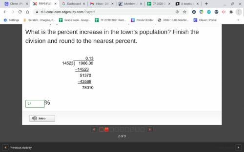 A towns population increased from 14523 to 16489 what is the percent increase in the towns populatio